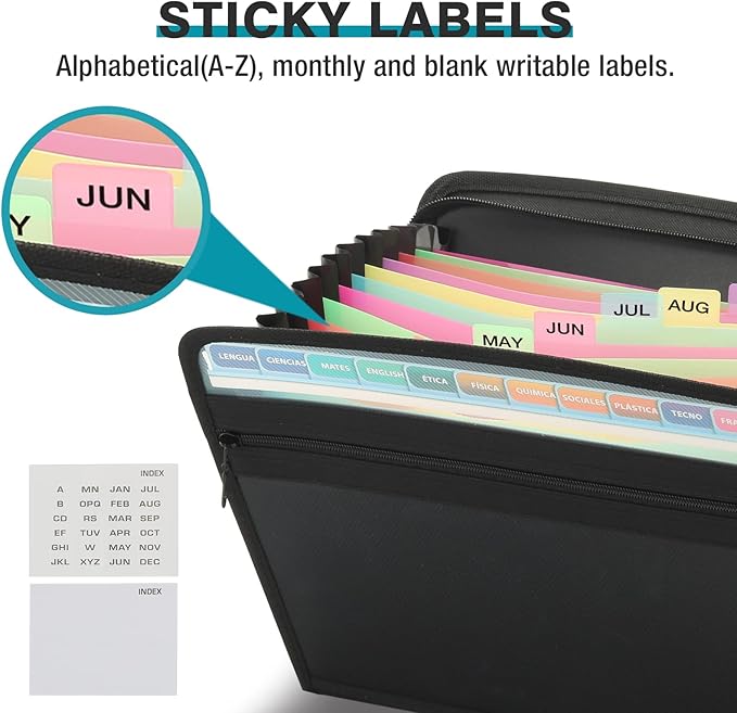H4D 13 Pocket Expanding File Folder Organizer with Front Clear Pounch, Accordion File Organizer with Zipper Clourse, Fit for Letter Size Papers, Black
