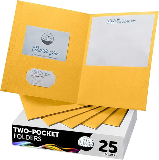 FILE-EZ Two-Pocket Folders, Yellow, 25-Pack, Textured Paper, Letter Size (EZ-32570)