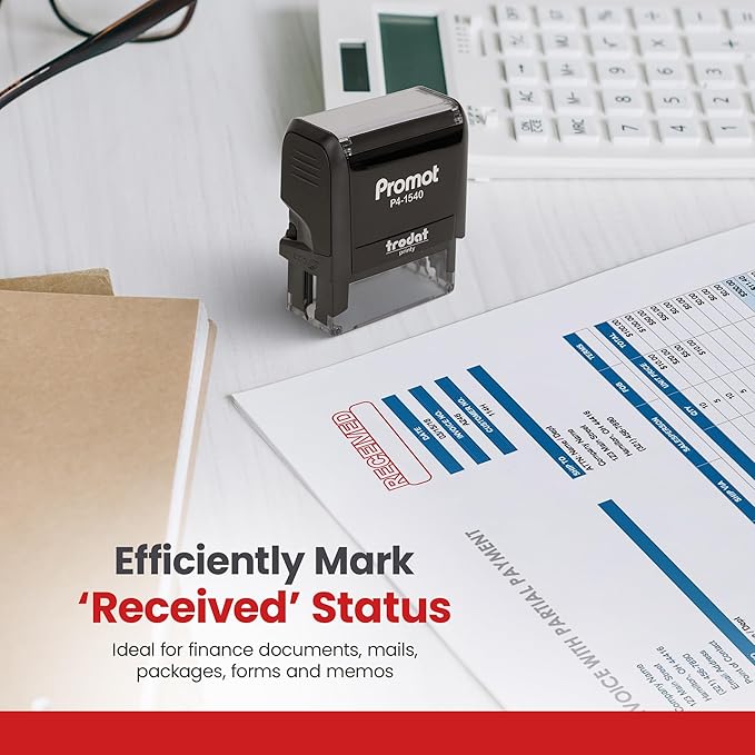 Promot Received Self Inking Rubber Stamp - Refillable Received Stamper - Business, Bookkeeping, Ordering, Accounting, Work, Office Stamps - Red Ink