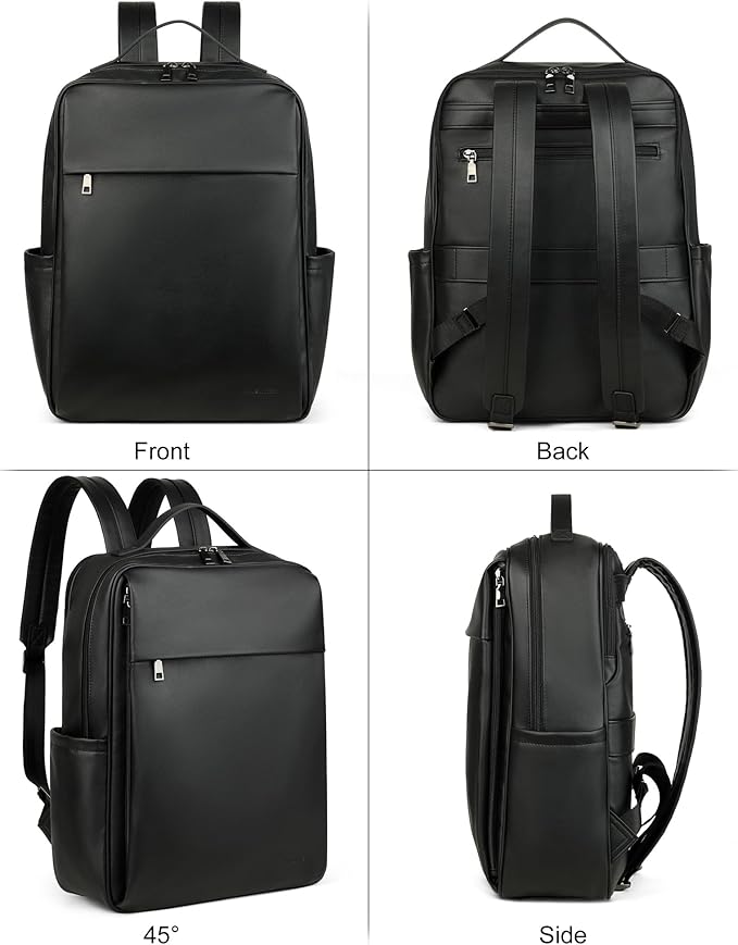 MASINTOR 15.6 inch PU Leather Laptop Backpack Purse for Women, Large College Casual Backpack Travel Bag Black