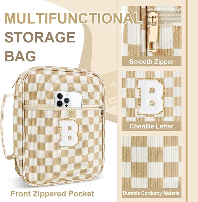 Personalized Initial Bible Cover Case for Women Girls Kid - Large Corduroy Bible Case with Handle, Stylish Chenille Letter Bag Study Supplies, Perfect Christmas Gifts for Christians Women (Khaki-B)