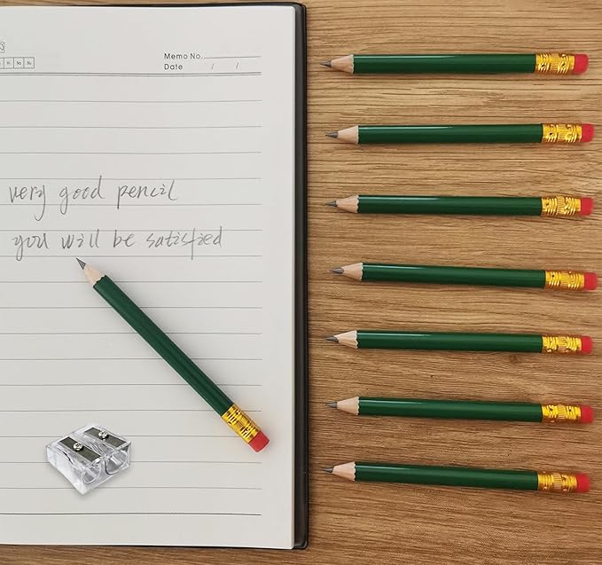 Adhere 50pcs Golf Pencils with Eraser Round Wooden half Pencils Graphite 2B for Golf Event Scoring, Classroom, Wedding, Pew, Pocket | Free Pencil Sharpener (Green)