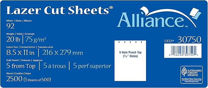 Prepunched Paper Alliance Laser Cut Sheet 5 Hole Top Punch 8.5 x 11 inch, 20 lb, 92 Bright, 80 Cartons, 200,000 Sheets