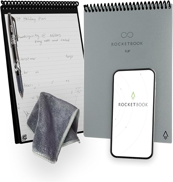 Rocketbook Flip - with 1 Pilot Frixion Pen & 1 Microfiber Cloth Included - Gray Cover, Executive Size (6" x 8.8")