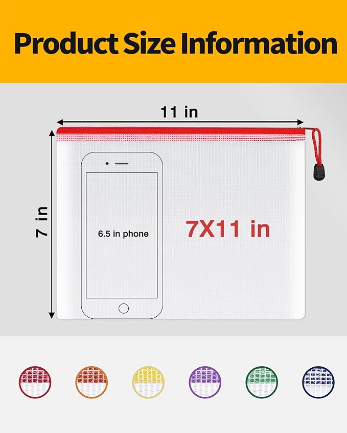 SUNEE Plastic Mesh Zipper Pouch 7x11 in (6 Colors, 12 Packs), Small Water-Resistant Zip Bag for School Office Supplies, Pencil Organizing Storage