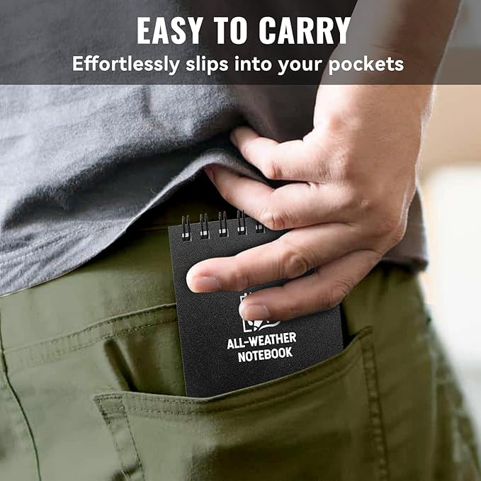 POPYOLA 8 Pack Waterproof Pocket Notebook, 3x5 Pocket Notepad, All Weather Mini Spiral Notepad, Write in the Rain Police Notepad with 100 Squared Pages for Outdoor Home Office School, Black