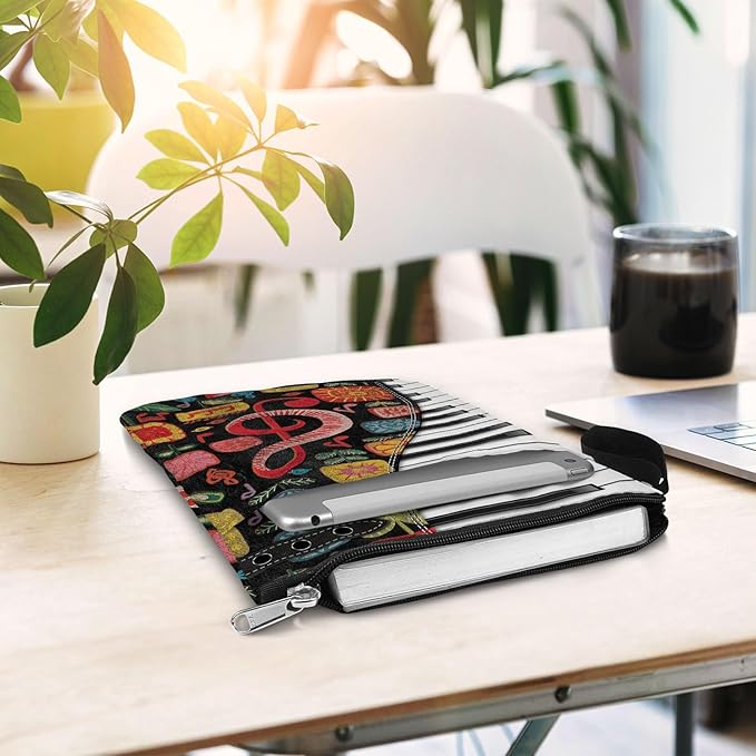 Piano Gift Book Sleeve Bag with Zipper and Front Pocket for Paperbacks. Washable Fabric 11 X 8.5 Padded Book Bag Protector Pouch. Colorful Pattern