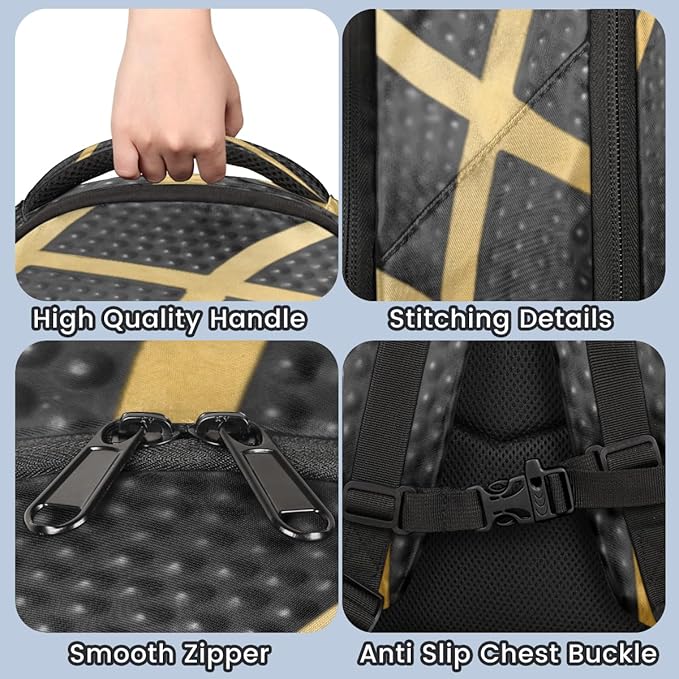 Balck Gold Sport Basketball Backpack School Bookbag Laptop Purse Casual Daypack for Teen Girls Women Boys Men College Travel