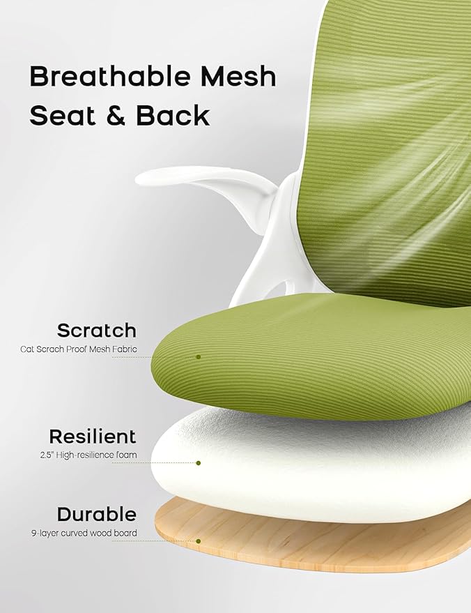 Mesh Office Chair Ergonomic Desk Chair with Up&Down Front&Rear 2 Dimensions Adjustable Lumbar Support and Flip-up Arm Rocking Comfy Swivel Computer Task Chair for Home Office(White-Green)