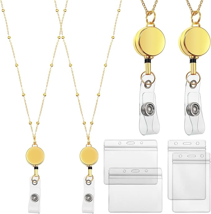 Outus 2 Pieces Badge Lanyard with ID Holders Stainless Steel Badge Holders Necklace Retractable Reel Clip Chain Water Resistant Name(Gold)