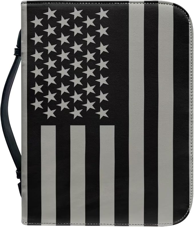 Lotusorchid American Flag Printed Leather Bible Cover for Women Size Large Bible Case with Handle and Zipper, Church Protector Bible Bags