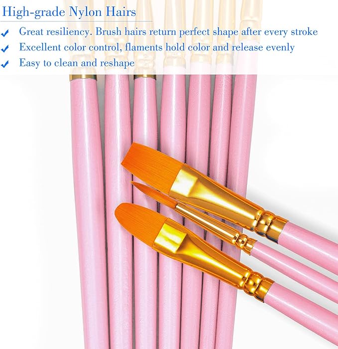 BOSOBO Paint Brushes Set, 6 Pack 60 Pcs Round Pointed Tip Paintbrushes Nylon Hair Artist Acrylic Paint Brushes for Acrylic Oil Watercolor, Face Nail Art, Miniature Detailing & Rock Painting, Pink