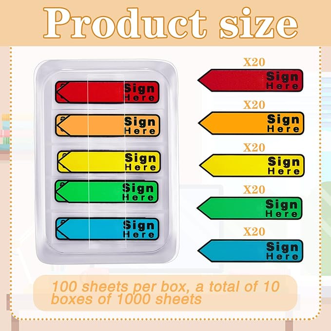 Colarr 10 Pack 1000 Pieces Sign Here Date Tabs Sign Here Date Stickers Flags Please Message Flags for Office Notebook Annotating Books Notary Books(Multicolor,Cute)