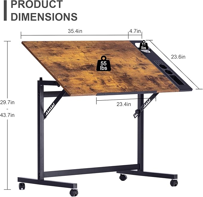 VECELO Vintage Drawing Drafting Table, Adjustable Tilting Top Art Desk Craft Work Station with Pencil Ledge Lockable Slide Rolling Wheels for Painting Diamond Reading Writing Study, Rustic Brown