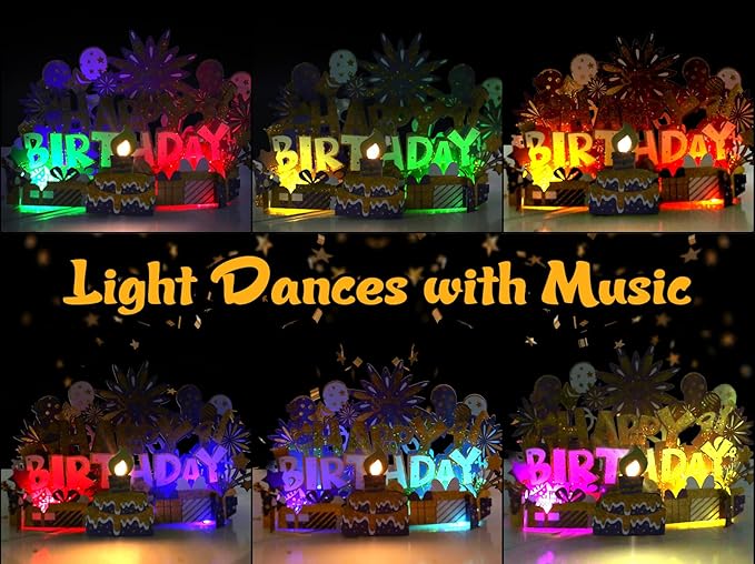 Birthday Card | Musical Pop Up Greeting Card w Light | Blow Out LED Light Candle & Play Happy Birthday Music Pop Up Card | Greeting Cards Gifts for Him or Her | Purple Gold (Blowable Candle)