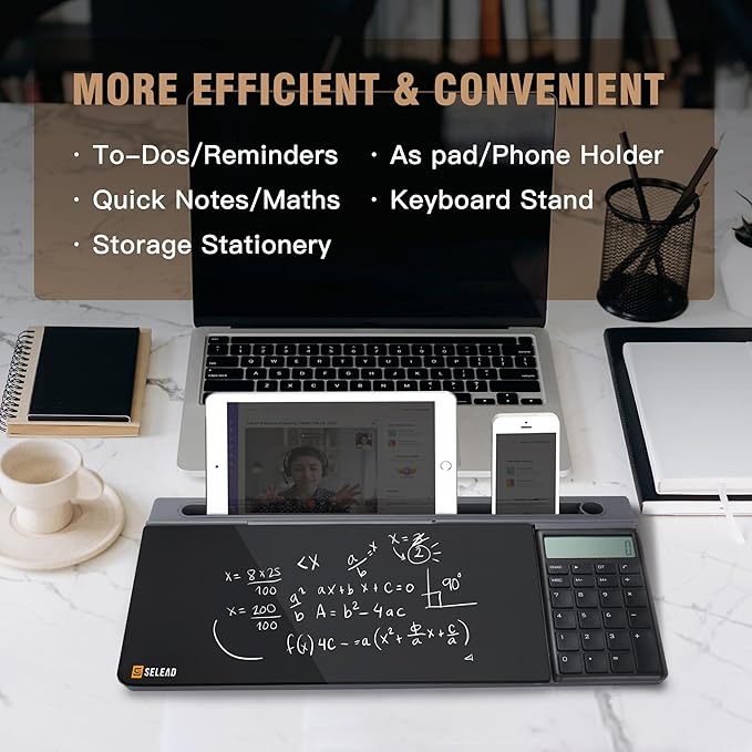 SELEAD Desktop Glass Whiteboard with Calculator, Organizer, Markers, Eraser, Holder - Black Dry Erase White Board Computer Pad Keyboard Stand for Home, School, Office Desk Cubicle Accessories