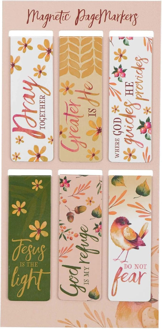 Christian Art Gifts Magnetic Scripture Bookmark Set for Women: Pray Together - Matthew 6:9-13 Inspirational Fall-Themed Magnetic Bible Verse Pagemarker Set of 6 for Bibles and Books, Size 2.3” x 0.8”