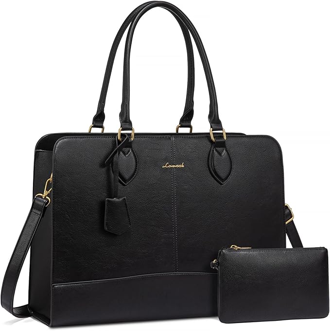 LOVEVOOK Laptop Bag for Women, Work Tote Bags 15.6 inch Computer Bags for Laptops for Women Purse, Large Vintage PU Leather Waterproof Business Office Briefcase, Black