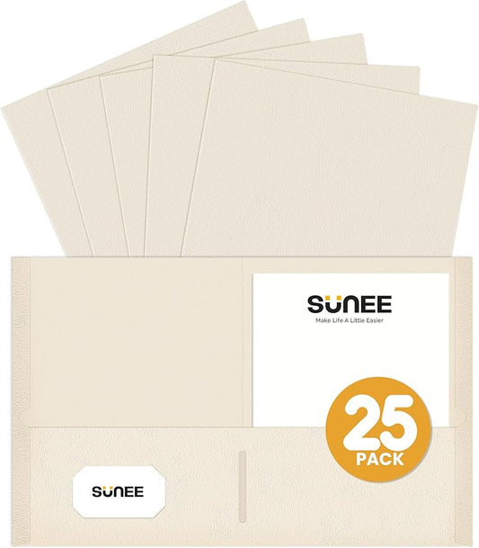 SUNEE Folders with Pockets (25 Pack, Warm Beige), 2 Pocket Folders Fit Letter Size Paper, Paper File Folder for School Office Home Business, Textured Paper