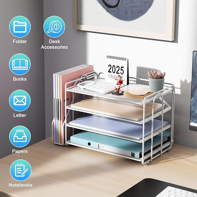 gianotter 2025 New Large Capacity Desk Organizer with Detachable Magazine Holder, 4-Tier Paper Organizer Letter Tray, Desk Accessories for A4 Paper and Document Storage(White)