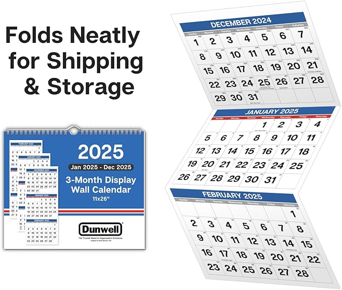 Dunwell Three Month View Calendar 2025 (Blue), 11x26" Open, 3-Month Wall Calendar Vertical, Use to December 2025, Tri Panel Calendar, Ships Folded