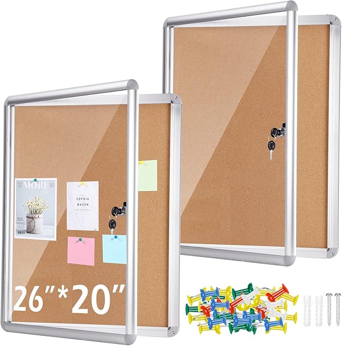 2 Pieces Enclosed Bulletin Board 26 x 20 Inch Lockable Notice Board Case Aluminum Framed Waterproof Noticeboards Cabinet with Mounting Screws for Office School Classroom Wall Display