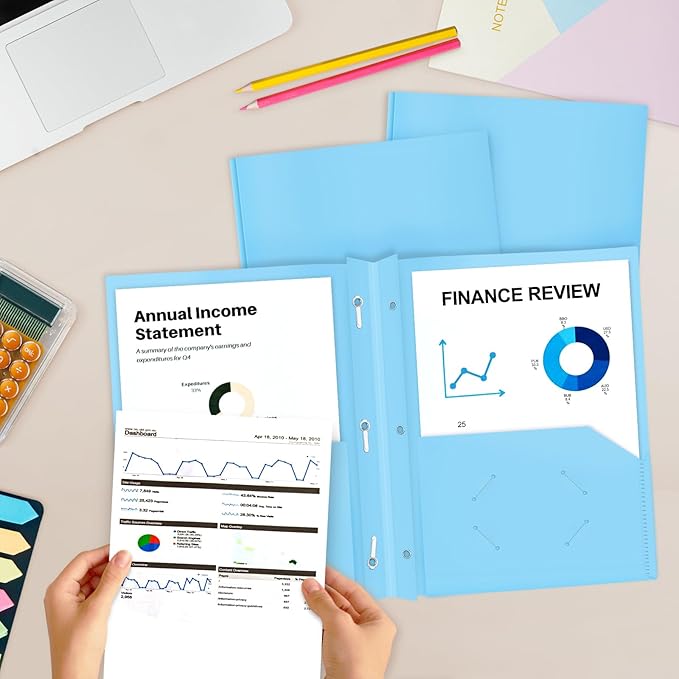 ViVin Heavy Duty 2-Pocket Folders with Brads, Pastel Color, 12-Pack, Durable Plastic Folder with 3-Prong Fasteners, Holds US Letter Size Paper, for School, Home and Office (Light Blue)