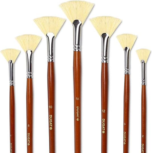 DUGATO Artist Fan Paint Brush Set of 7, White Hog Bristle Natural Hair Anti-Shedding Brush Tips, Long Wooden Handle for Comfortable Holding, Great for Acrylic Watercolor Oil Painting