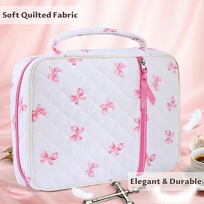 shirabags Quilted Bible Cover Case for Women - Elegant Cotton Bible Bag for Study, Church, Christian Gifts for Women (Cute Pink Bow, M)