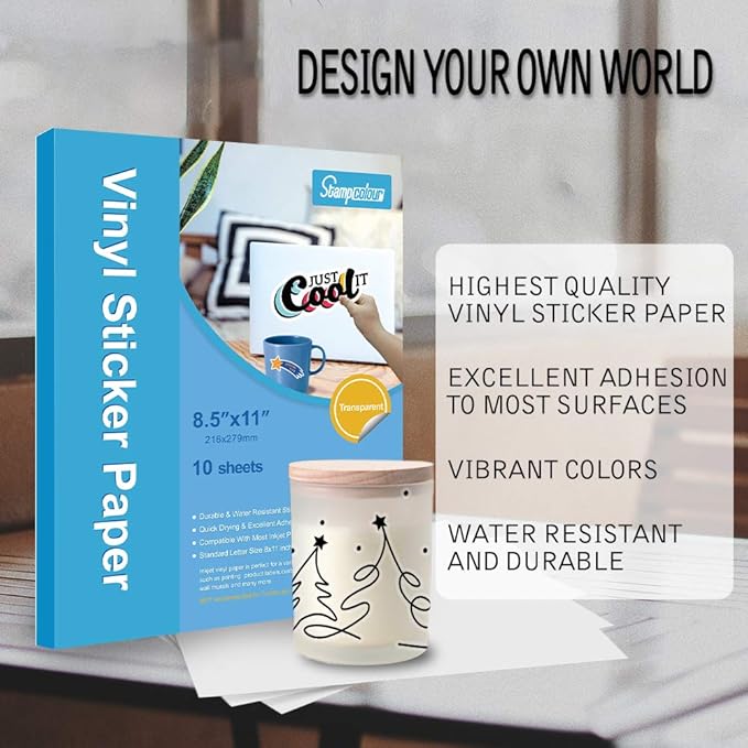 Stampcolour Printable Vinyl Sticker Paper,Transparent 30 Clear Self-Adhesive Sheets,No-Waterproof,Dries Quickly Vivid Colors Decal Paper,Tear Resistant-for Any Epson HP Canon Sawgrass Inkjet Printer