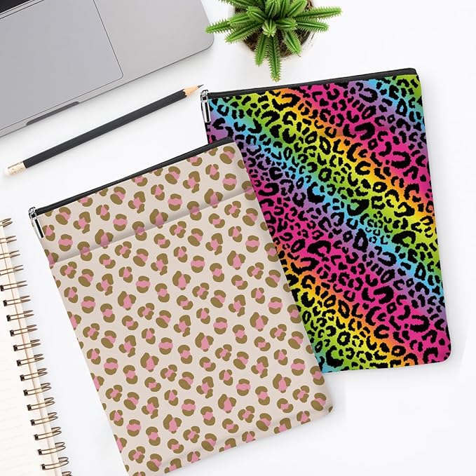 2 Pack Rainbow Leopard Print Book Sleeve, Books Protector，Books Pouch， Book Lovers Gifts，Bookish Gifts Waterproof Cover with Zipper，Leopard Decor Gift Bag for Women Girls Manager Christmas