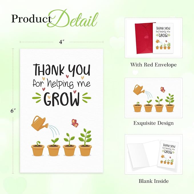 FaCraft Teacher Appreciation Cards, Thank You Cards with Envelopes, 4 x 6, Thank You for Helping Me Grow, for Preschool Kindergarten Teacher Gift Card from Kids Students Daycare (Plant)