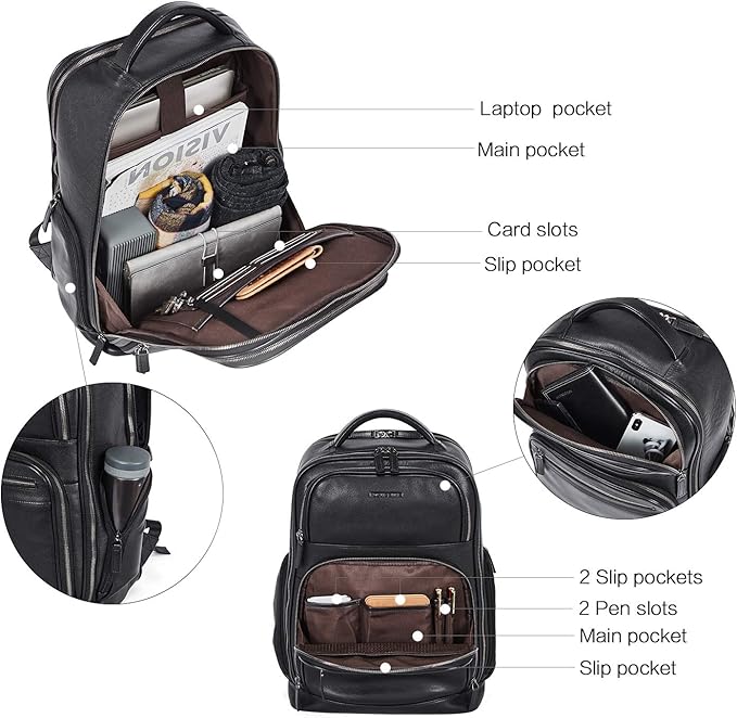 BOSTANTEN Leather Backpacks College 15.6” Laptop Travel Computer Shoulder Backpack For Men Black