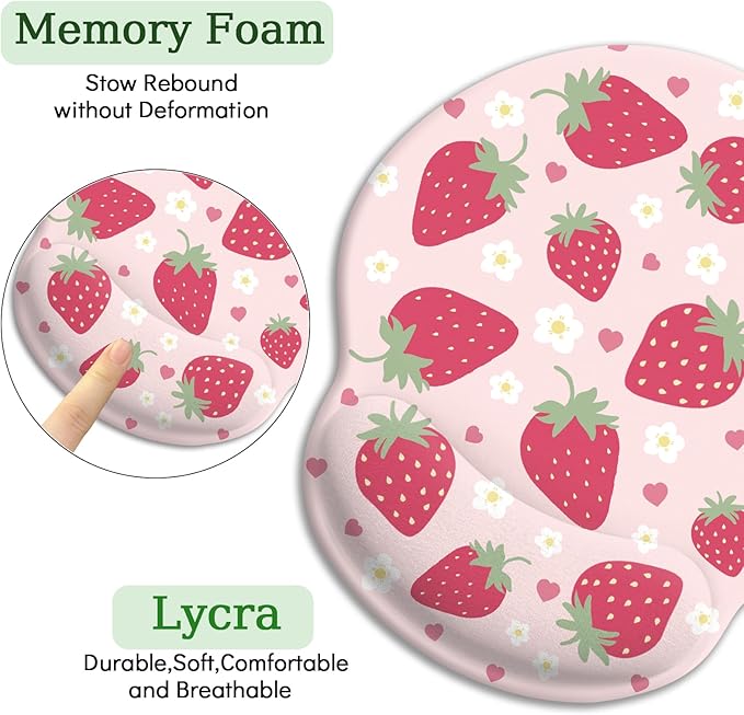 Strawberry Mouse Pad, Pink Ergonomic Mouse Pad with Wrist Rest, Gaming Mousepad with Non-Slip Pain Relief PU Base, Cute Wrist Support Mouse Pad, Pink Office Desk Accessories Decor Supplies