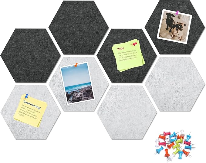 12" Large Bulletin Board with 30 Push Pins, Pack of 8 Hexagon Felt Pin Board Notice Boards for Home Office, Felt Wall Tiles for Photos Memos