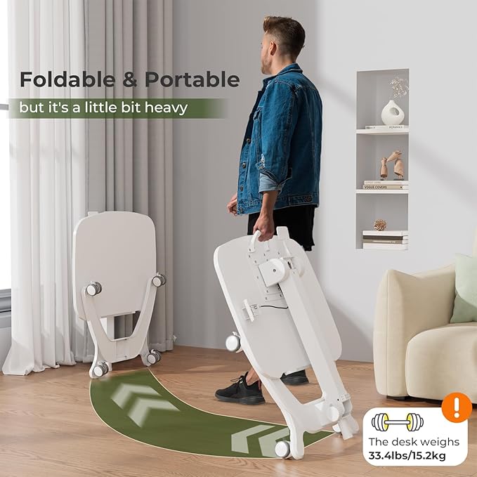 Foldable Mobile Standing Desk, 27"×21" Portable Rolling Laptop Desk with 90° Tiltable Board, Height Adjustable Mobile Desk Workstation with Wheels, Folding Desk for Home Office, White