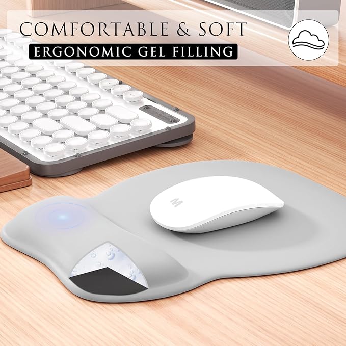 MROCO Ergonomic Mouse Pad with Gel Wrist Rest, Comfortable Mousepad with Smooth Wrist Support Surface and Non-Slip PU Base for Pain Relief, Computer, Laptop, Office & Home, 9.4 x 8.1 in, Silver Grey
