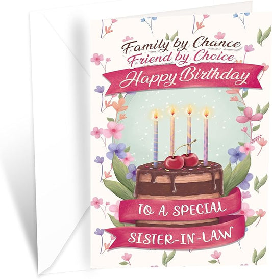 Prime Greetings Sister In Law Birthday Card, Made in America, Eco-Friendly, Thick Card Stock with Premium Envelope 5in x 7.75in, Packaged in Protective Mailer