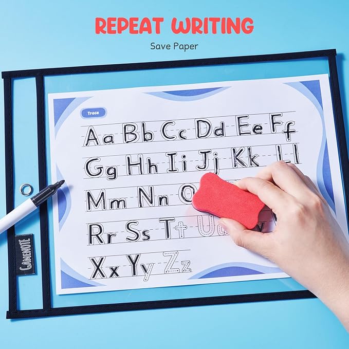 Gamenote Dry Erase Pockets 30 Pack with Rings, Oversized Reusable Plastic Sleeves Shop Ticket Holders Sheet Protectors Teacher Supplies Organization for Classroom Must Have (Black)