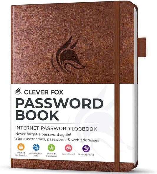 Clever Fox Password Book with Alphabetical tabs. Internet Address Organizer Logbook. Small Pocket Password Keeper for Website Logins (Brown)