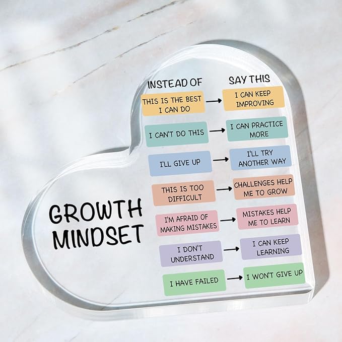 Growth Mindset Decor, Therapy Office Mental Health Classroom Art Educational Change Your Mindset Decorations Acrylic Heart Inspirational Gift Positive Sayings Inspirational Gifts for Teacher Students