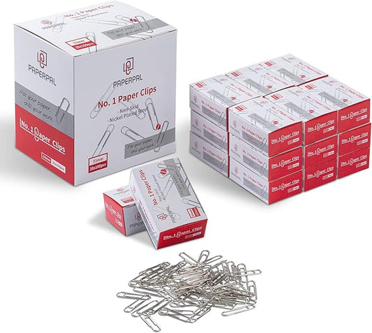 PAPERPAL #1 Nonskid Paper Clips, 2000 Medium Paper Clips (20 Boxes of 100 Each), Bulk Paperclips for Office School & Personal Use, Daily DIY, 1-2/7" Silver Heavy Duty Non-Skid Paper Clip Standard Size