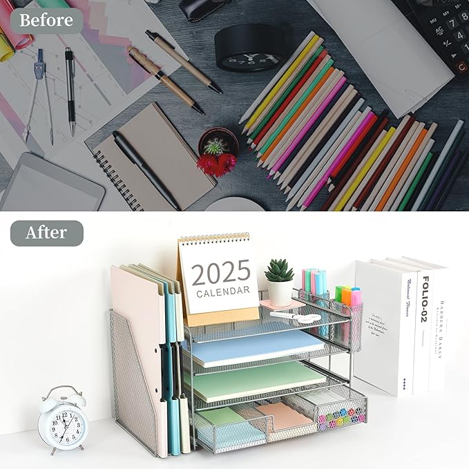 gianotter Paper Organizer with File Holder for Desk, 4 Tier Letter Tray Office Desk Organizers and Accessories - Workspace Drawer 2 Pen Supplies (Grey), Gray, 4T-2