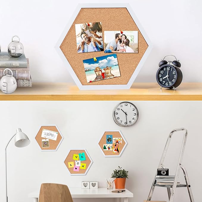 Cork Bulletin Board Hexagon White, Small Framed Corkboard Tiles for Wall, Thick Decorative Display Boards for Home Office Decor, School Message Board (4 Pack)