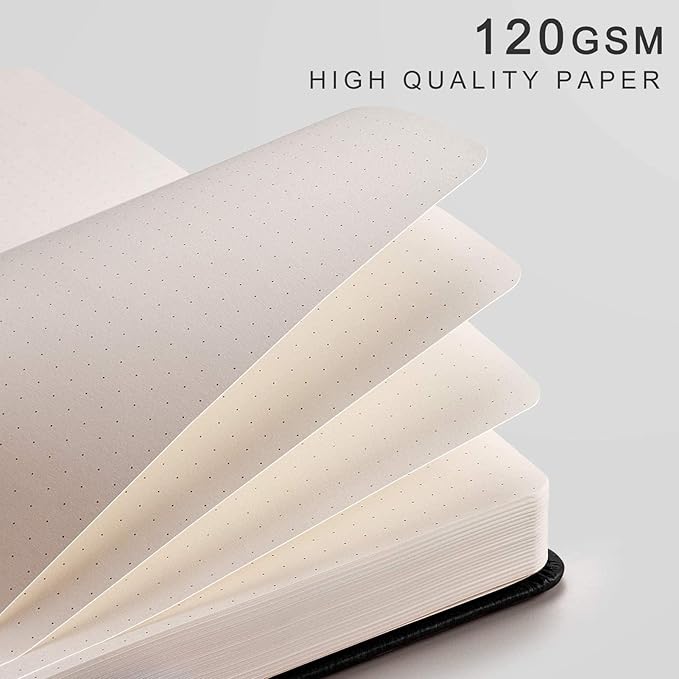 EMSHOI Dotted Notebook - 256 Pages A5 Dotted Grid Journal Notebook,120gsm Thick Paper,16 Perforated Pages, Smooth PU Leather, Inner Pocket,5.75'' × 8.38''-Black