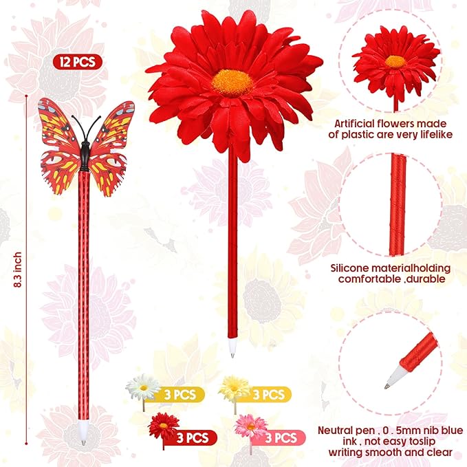 Zhanmai 24 Pieces Sunflower Butterfly Ballpoint Pens, Faux Flower, 0.5mm-0.7mm, Gel Ink, Plastic and Silicone, Multi-Purpose, Suitable for Home, School, Office, Party Decorations
