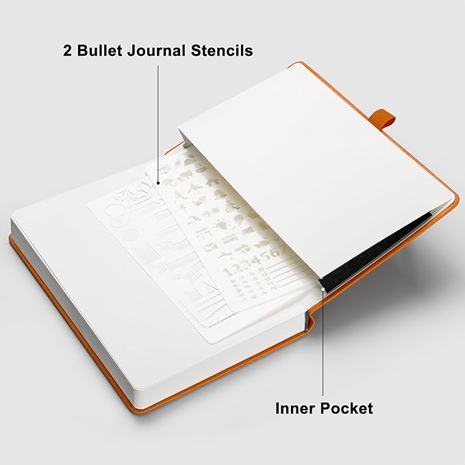 RETTACY Bullet Dotted Journal, A5 Dotted Notebook Journal with 192 Pages, 5.7'' × 8.3'', Medium Size, 100 GSM Thick Paper, Leather Hardcover, Bullet Journaling, Planning (Orange)