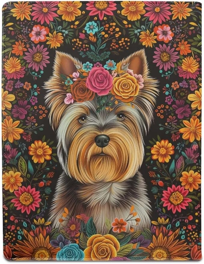 Office Folder Flower Dog Print PU Leather Padfolio with A4 Size Clipboard Clip for Business Resume Interview Document Sleeve Binder Folder for Men/Women