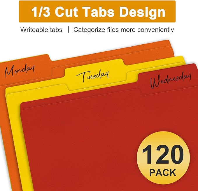 ViVin File Folders, Fits 8.5 x 11 Letter Size Paper, 1/3-Cut Tabs, 120 Pack Manilla Colored File Folders, Perfect for Home, Office, and School Documents File Paper(Multicolored)