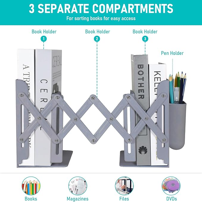 SAYEEC Adjustable Bookends with Pen Holder Expandable Book Ends for Heavy Books Plastic Desk Book Holder Book Stopper Bookcase Magazine Binder Organizer Rack for Shelves Office School Home (Grey)